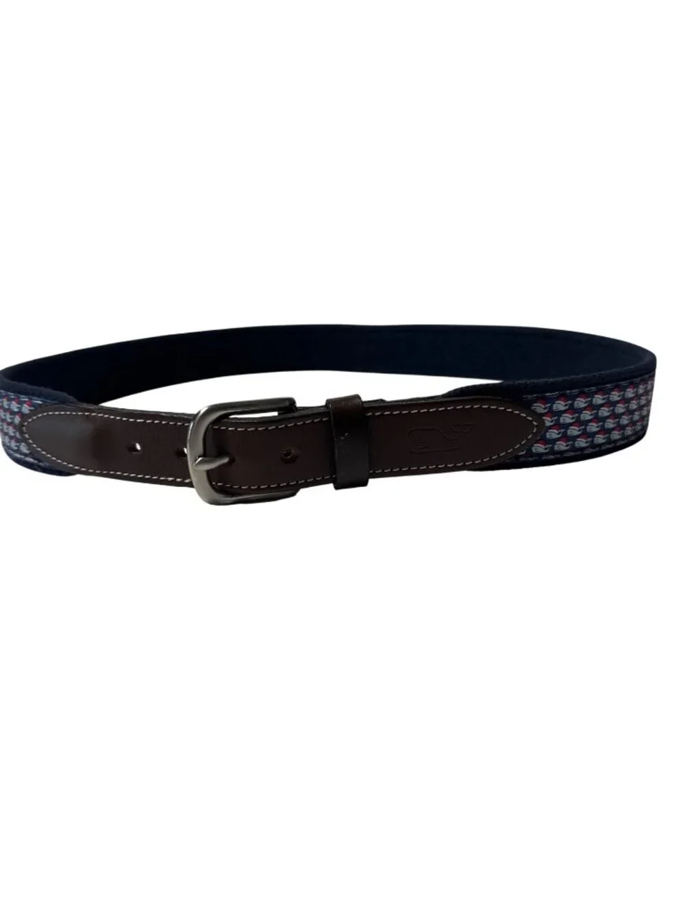 Vineyard Vines Santa Whale Belt Boys 26 Blue Canvas Brown Leather